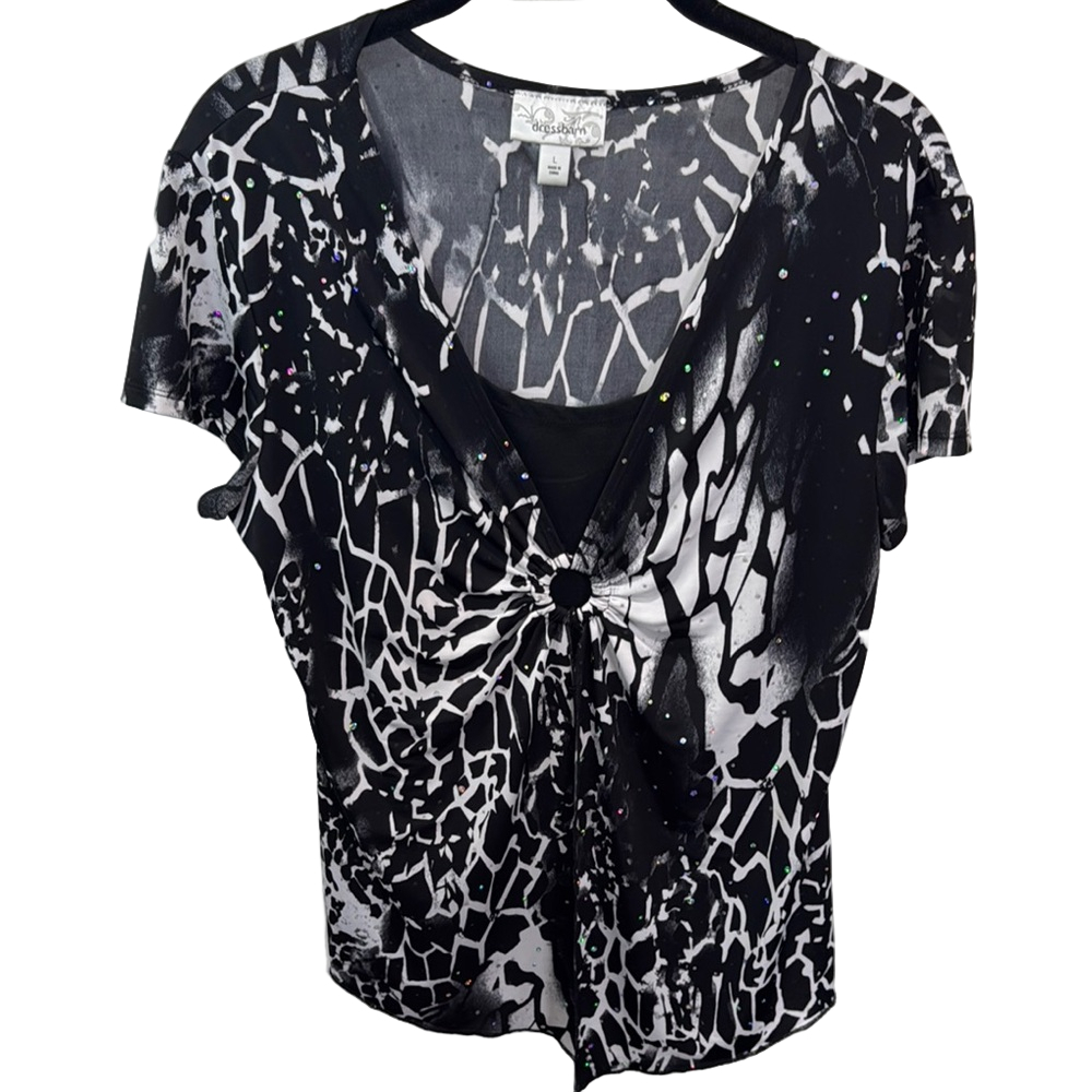 Dress Barn Black‎ White Animal Print Short Sleeve Blouse Layered Bling W Large